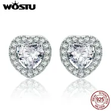 WOSTU,, Настоящее серебро 925 пробы, ослепительное сердце, прозрачные серьги-гвоздики из Кубического циркония для женщин, хорошее свадебное ювелирное изделие CQE059