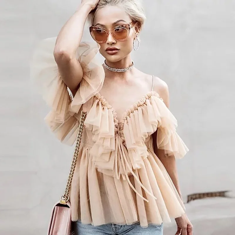 

T001 off the shoulder spaghetti straps women ruffles top
