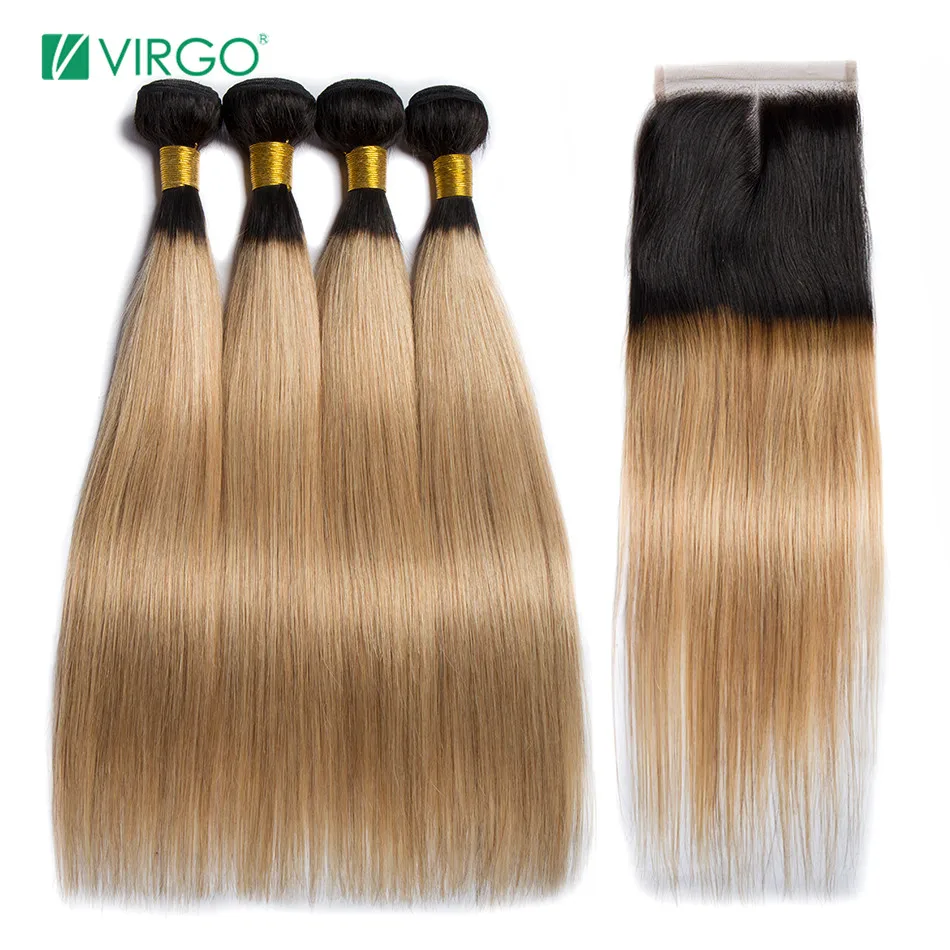 

Virgo Ombre Hair Bundles With Closure 3 Pcs Brazilian Straight Hair Bundles with Closure Omber Hair T1B/27 Human Hair Weave Remy