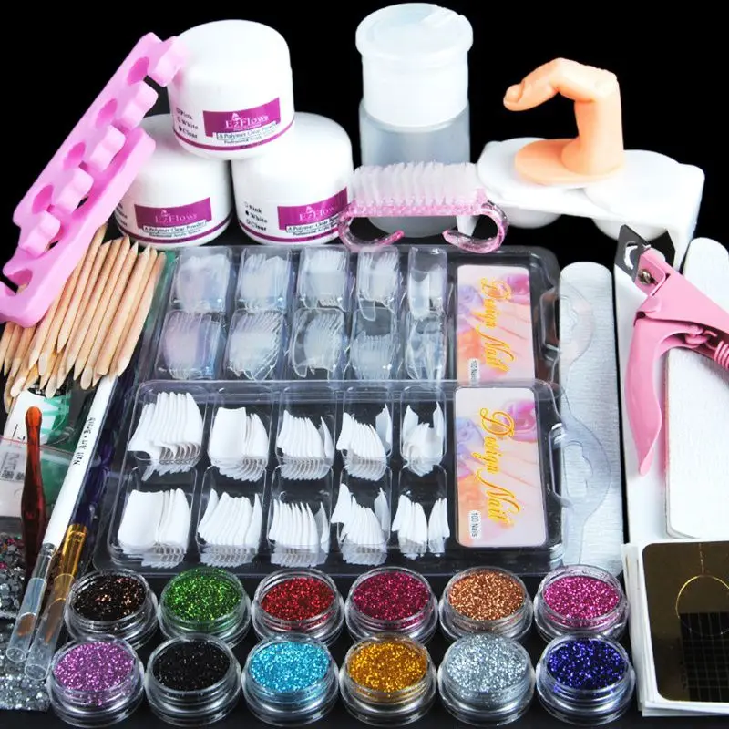 

Manicure Kit 19 Nails Nail Art Tips False Nails Sequins Decor Powder White Light Pink Manicure Set Kit (Size: Acrylic Nail Kit