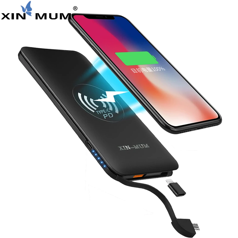 

XIN-MUM QC3.0 PD Aluminum Power Bank 10000 mAh Portable Power Qi Wireless Fast Charging Charger Powerbank Battery Quick Charge