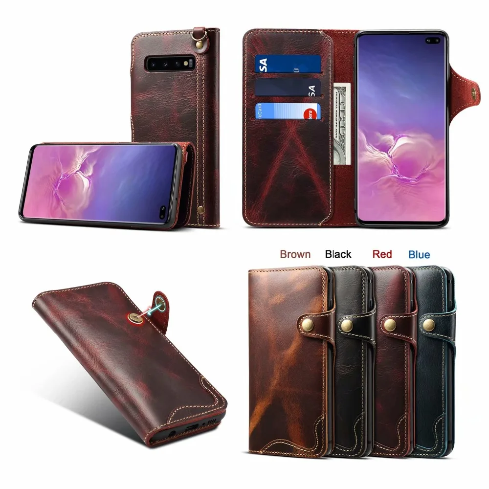 

Super Durable Genuine Leather Wallet Case For Samsung Galaxy S10/S10Plus Retro Magnet Button Book Flip Case Cover For Samsung S8