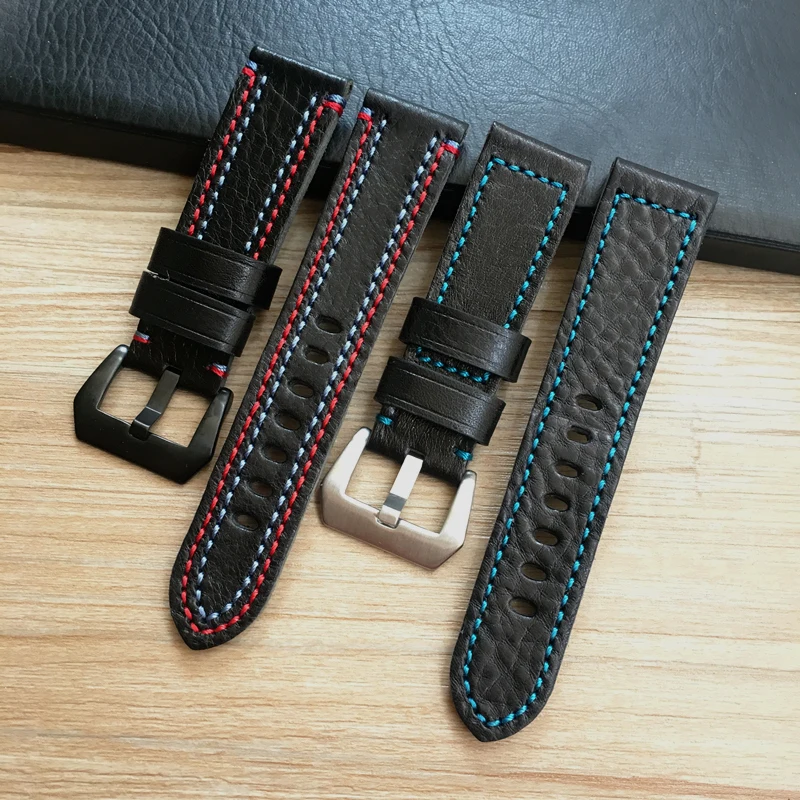 Новая мода высокого класса 24 мм черный с красными синими строчками из натуральной воловьей кожи ремешок для PAM DZ Wacth ремешок спортивный браслет