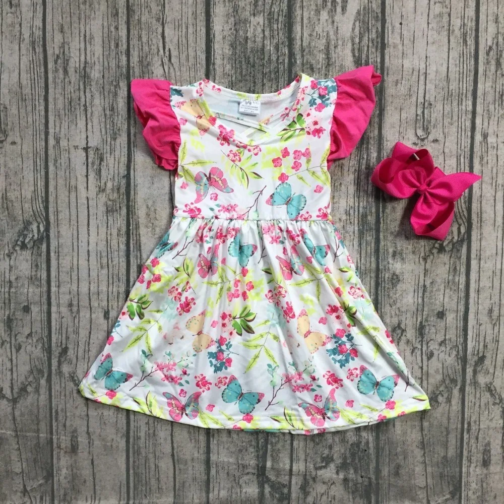 

new arrivals butterfly floral girls ruffle boutique flower print dress children clothes milk silk spring match bow kids wear