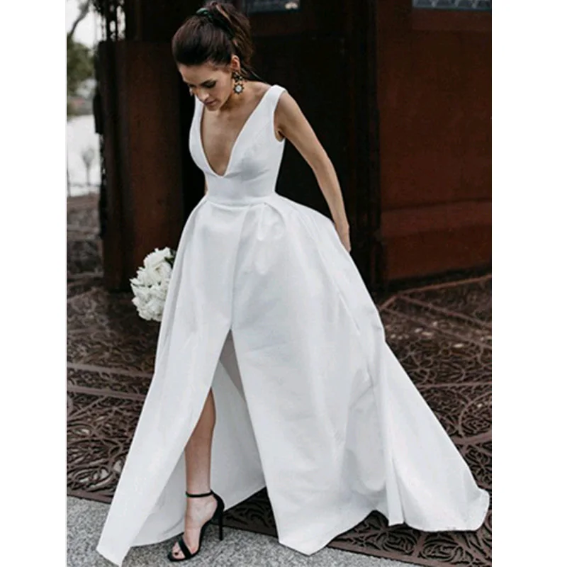 

2918 New Arrival V Neck Simple Satin Wedding Dress with Slit Bridal Dresses Custom Made
