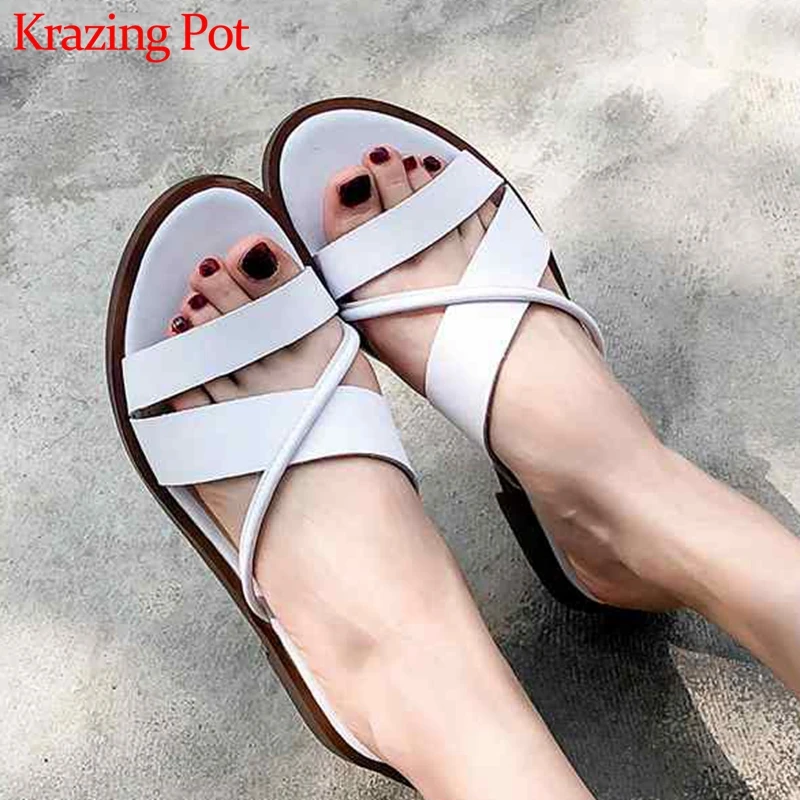 

Krazing Pot new arrival genuine leather mules peep toe superstar peep toe flip flop low heels mature lady plus size sandals l96