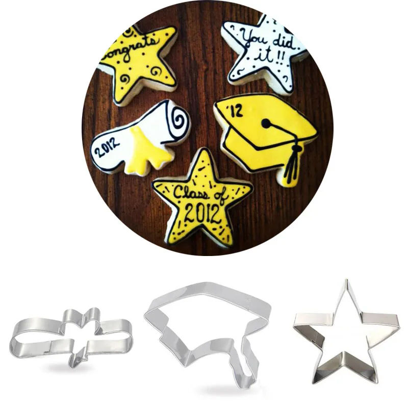 3pcs Patisserie Reposteria Graduation Paper Hat Star Metal Cookie
