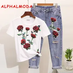 ALPHALMODA Шипованная роза с короткими рукавами хлопковая Футболка рваные джинсы женская модная одежда тяжелая работа женская летняя одежда