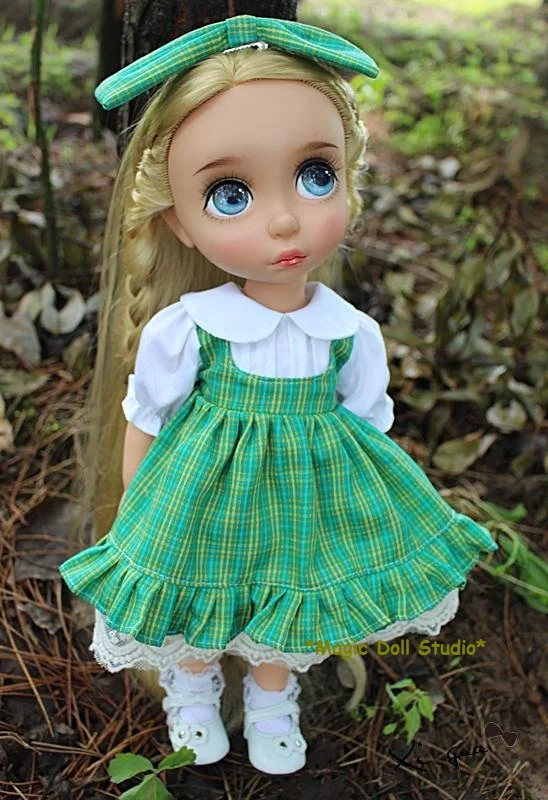 

[DY018]2018 Free Shipping 16" Disyne doll Clothes # Green Gird Dress and Hair Bow Set for 16 inch doll for wholesale