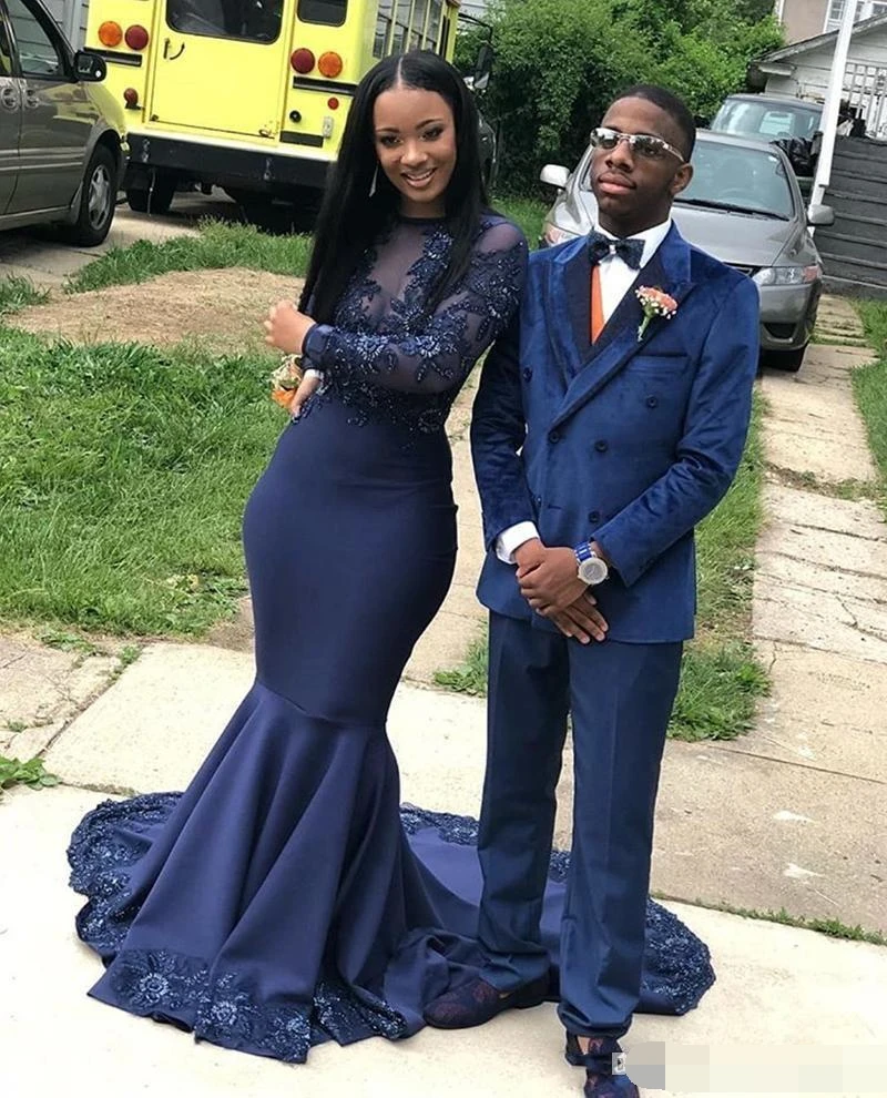 

Navy Blue Mermaid Evening Dress 2019 high Neck Lace Appliques Beaded abiye Illusion Long Sleeves robe de soiree Prom dresses