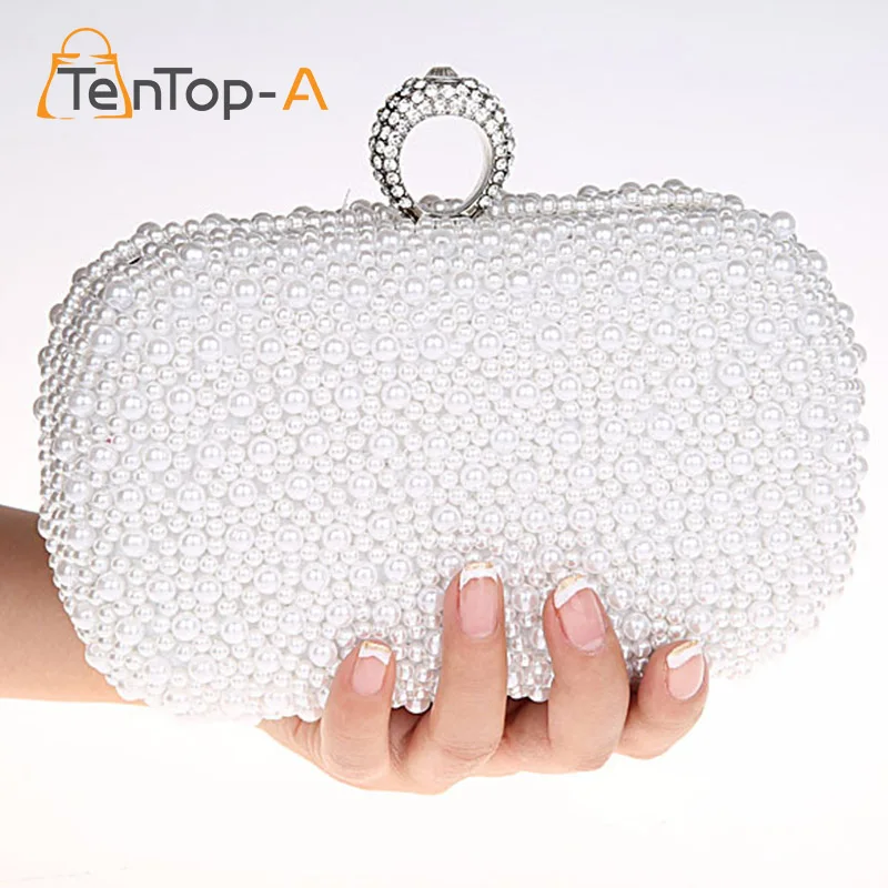 

Best Quality Promotion Solid Full Pearl Beads Bag Mini(<20cm) Hasp Women Hot Selling Pearl with Diamond Finger Cluth Evening Bag