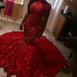 Роскошные 3D цветы с длинным шлейфом красные Русалка африканские платья для выпускного вечера черные девушки с высоким воротом плюс размер