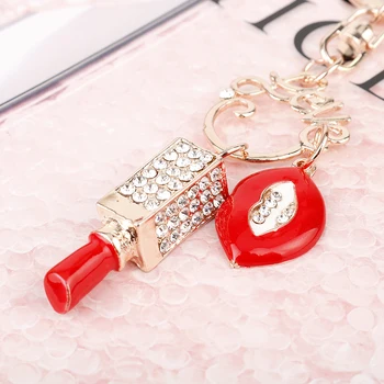 

dongsheng 12pcs a lot Fashion Lady's Cute Gold Zinc Alloy Crystal Lipstick Key Chains For Women Men Handbags Keys Car Gift-50
