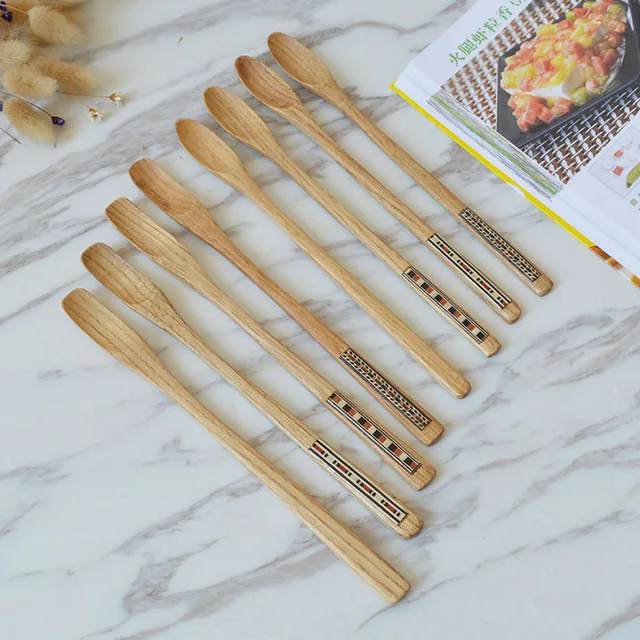 Best Price Japan Style Wood Spoon with Long Handle for Mixing Coffee Honey Creative Manual Striped Log Tableware Accessories 