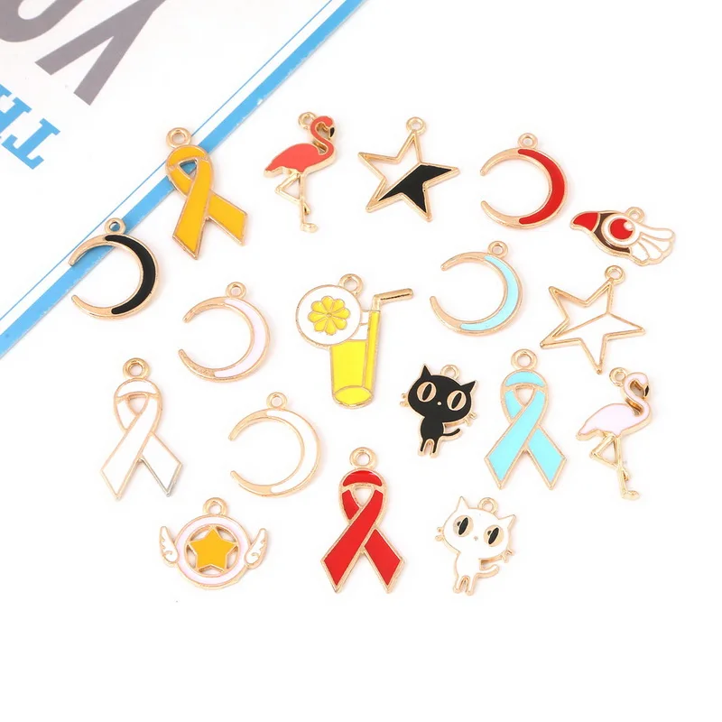 

Cute Colour Pendant Ribbon Crescent Star Cat Flamingo Birds Lemonade Enamel Charm Pendant for DIY Craft Jewelry Findings Making