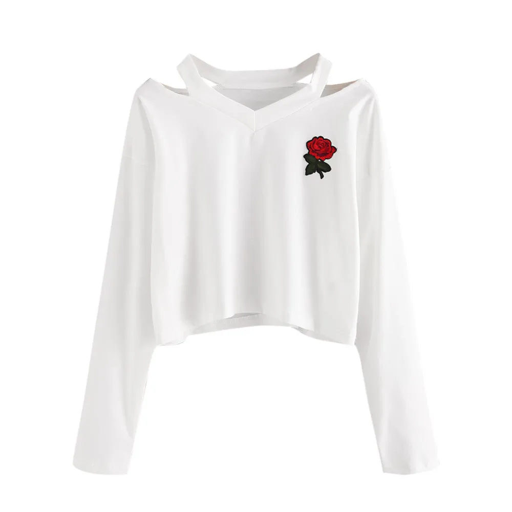 Белая модная женская Повседневная Блузка с длинным рукавом с принтом розы, Толстовка на бретельках, Короткие топы, блузка Felpe Tumblr,, SE0805 - Цвет: B