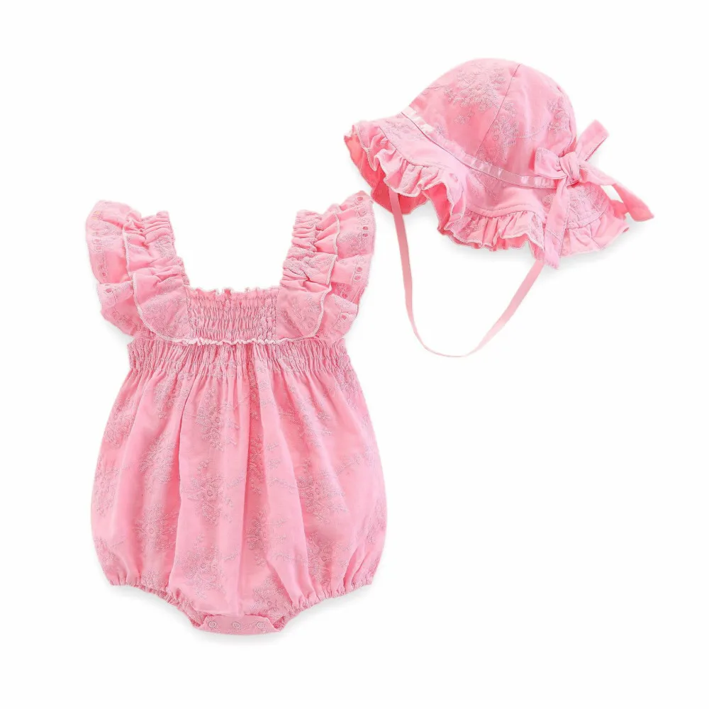 

New born baby clothes short sleeve summer embroidery romper+hat Kids Ruffle Romper Jumpsuit Pink Playsuit ropa de bebe 3M 6M 9M