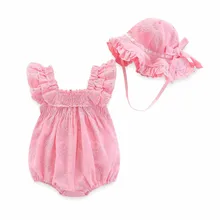 Одежда для новорожденных, летний детский комбинезон с вышивкой и короткими рукавами+ шапочка, Детский комбинезон с оборками, розовый комбинезон, ropa de bebe, 3 мес., 6 мес., 9 мес