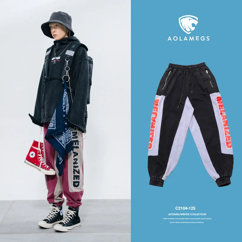 

Aolamegs Men Track Pants Funny Letter Print Sweatpants Japanese Retro Elastic Waist Casual Drawstring Men High Street Pants