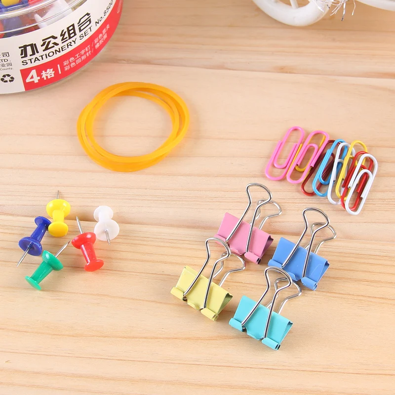 1 Box/Lot Useful 4-Type Desk Set for School Stationery & Office Supply, Nail & Clip Rubber Band Binder