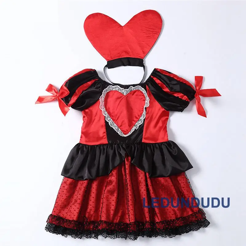 Queen Of Hearts Cosplay Costume for Kids Girls Princess Dress Children Halloween Fancy Party Suit (7)