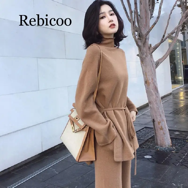 

2019 winter new cashmere wool half-high collar sweater wide-leg pants sweater two-piece suit female