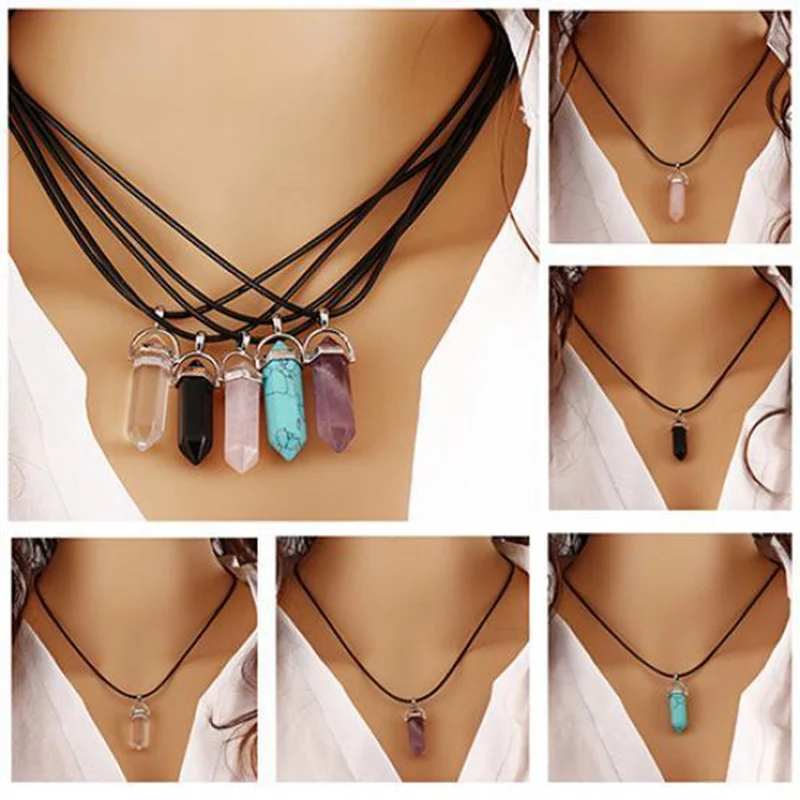 

Geometry Faux Rock Natural Pendant Necklaces Women Clavicle Black Rope Necklace Choker Crystal Jewelry