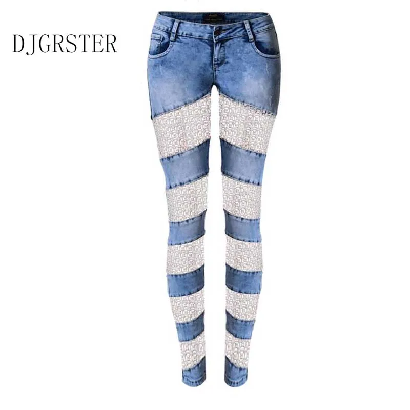 

DJGRSTER Women Fashion Side Lace Jeans Hollow Out Skinny Denim Jeans Woman Pencil Pants Patchwork Trousers for Women Ropa Mujer