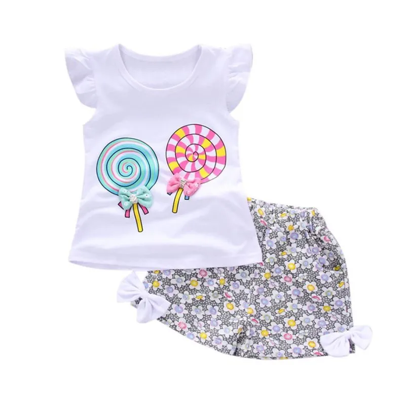 

CHAMSGEND 2 Colors 2017 2PCS Toddler Kids Baby Girls Outfits Lolly T-shirt Tops+Short Pants Clothes Set Dropshipping ST06