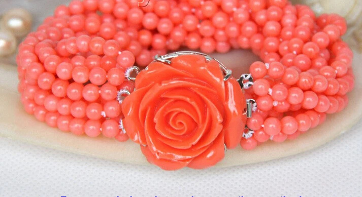 

Free shipping@@@@@ AAA 8" 10row round pink coral beads bracelet Imitation pink coral clasp j9606