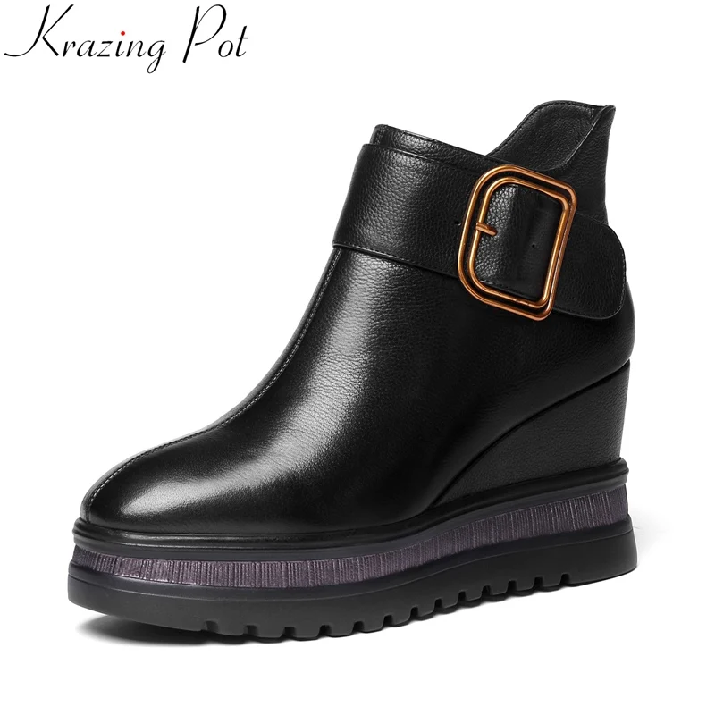 

Krazing Pot 2018 superstar big size cow leather wedge ankle boots concise buckle round toe casual keep warm winter shoes L7f1