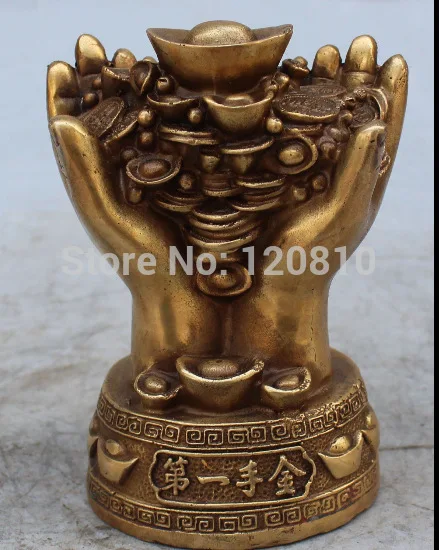 

15CM Marked Chinese Bronze Fengshui Wealth Yuanbao Money Double Hand Hold Statue