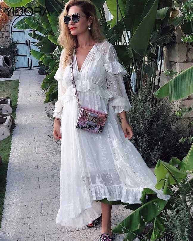 

Top Quality Silk White V Neck Lovelorn Cape Shoulder Lace Crochet Embroidery Ruffle Midi Dress With High-low Hem & Matching Slip