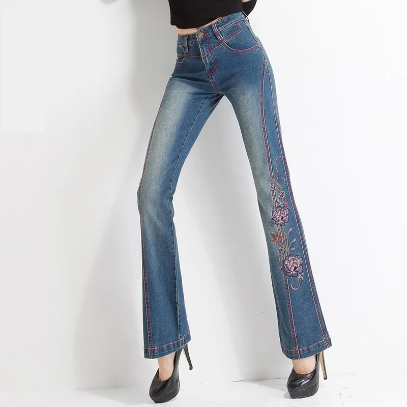 Woman Jeans Bell Bottom Jeans Embroidered High Stretch Womens Flared Pants Ladies Flowers