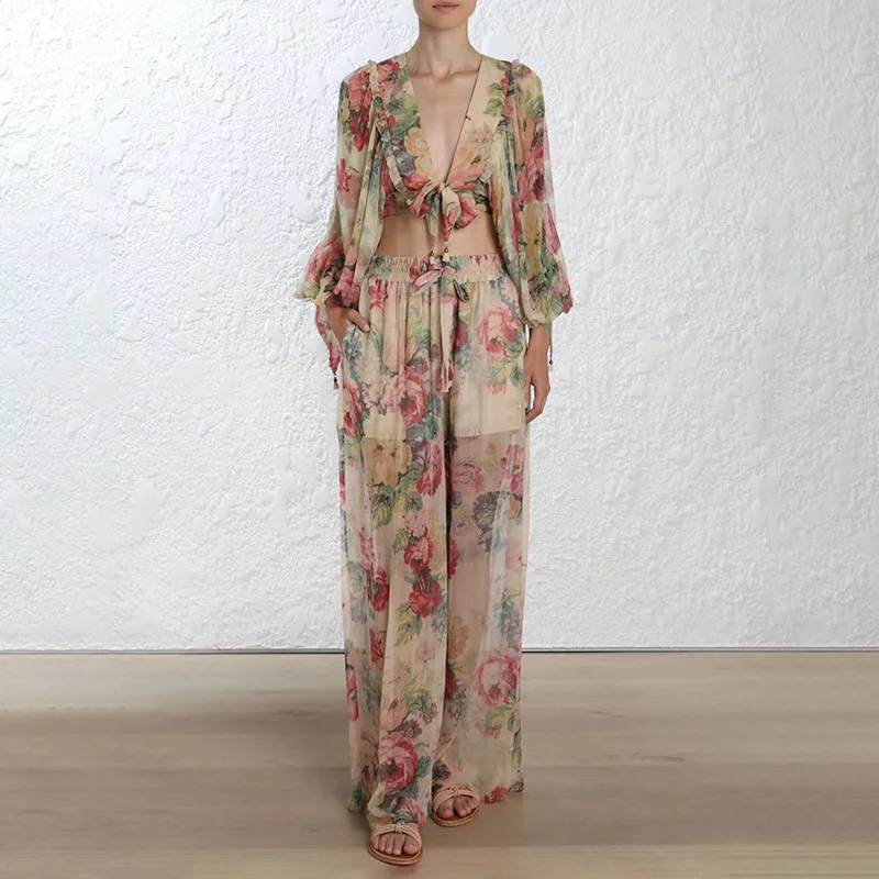 

2019 Sexy Perspective Broken Flowers Deep V Collar with Lantern Sleeve Jacket + High Waist Wide Leg Trousers Chiffon Suit Women