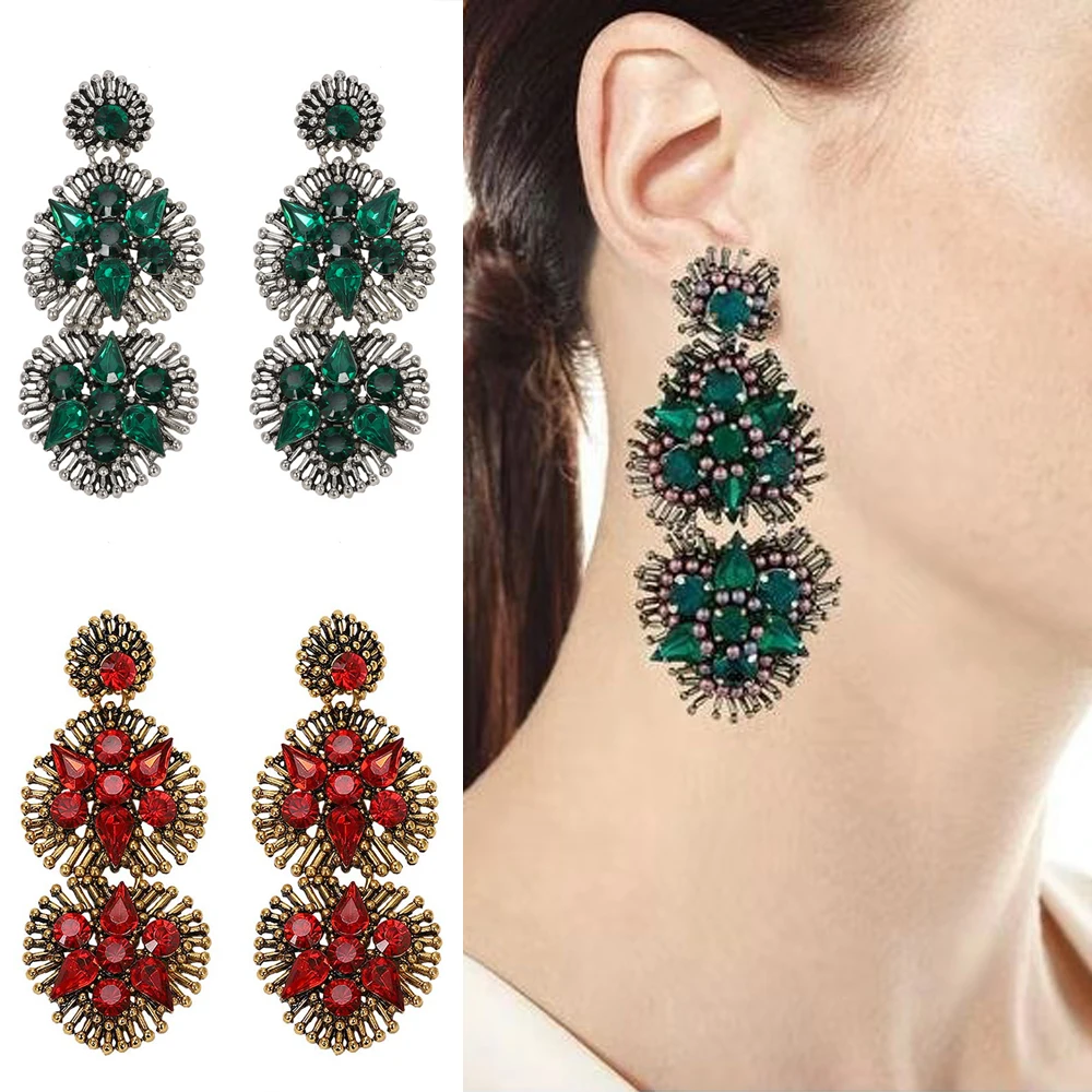 

Best lady Bohemian Wedding Women Crystal Drop Earrings Jewelry Party Gift Layer Vintage 4 Colors Ethnic Flower Statement Earings