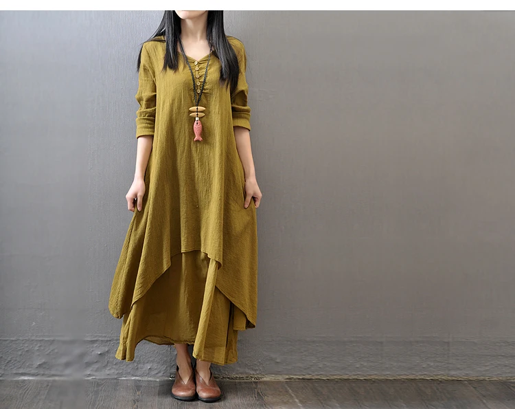BONGOR LUSS 2017 New Fashion Women Dress Loose Long Sleeve Autumn Spring Dress Cotton Linen Solid Long Dress Vestidos Plus Size (23)