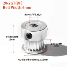 Pièces d'imprimante 3D, accessoires de poulie en aluminium GT2 20 dents, 4/5/6/6/35/8mm, 2GT pour courroie synchrone ouverte de GT2-6 à 10mm