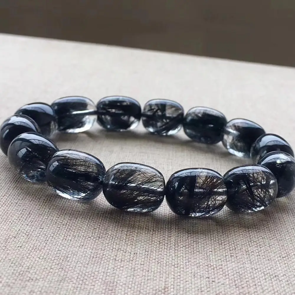 

Top Quality Natural Black Hair Rutilated Quartz Crystal Women Men 16x12mm Clear Barrel Beads Stone Bracelet From Brazil AAAAA