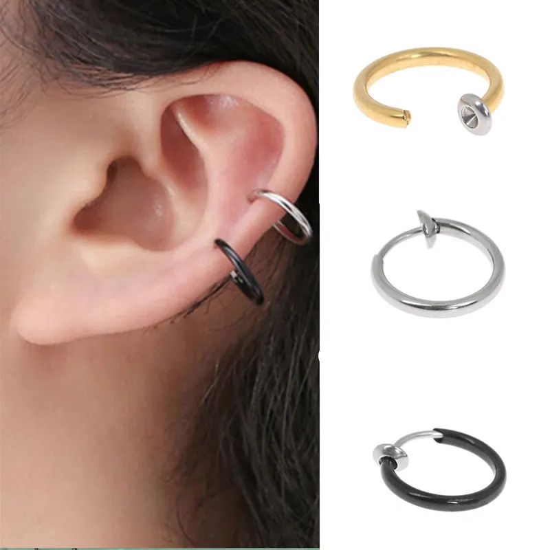 

PINKSEE 1PC Fake Earrings Goth Punk Clip On Piercing Body Nose Lip Belly Hoop Rings Stainless Steel Jewelry