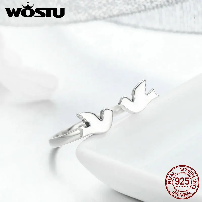 

WOSTU 100% Pure 925 Sterling Silver Free Size Love and Peace Doves Bird Open Ring Adjustable S925 Luxury Jewelry Mom Gift BKR245