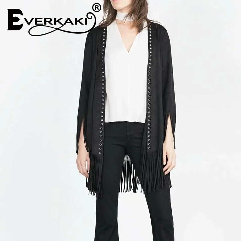 

Everkaki Fashion Women's Spring autumn New Suede Tassel Eye Long Leather Jacket Leather Jacket Women 2019 new
