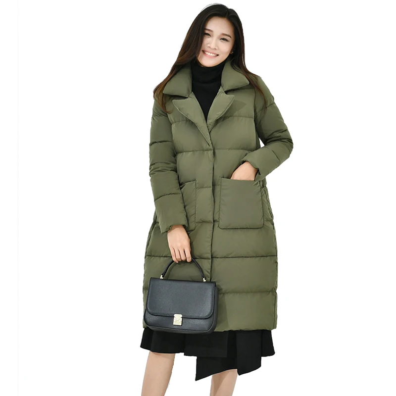 FTLZZ 2018 Winter New Ultra Light Duck Down Women Office Lady Stand Collar Overknee Loose Warm Parkas Coat Women