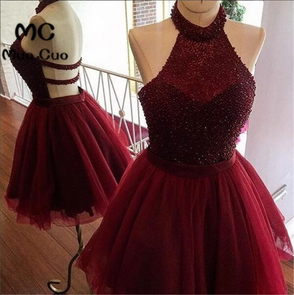 Burgundy homecoming dress,a line homecoming dress,halter party dress,beading short prom dress,women homecoming dress