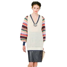 New 2016 Autumn Runway Designer Women Pullover Fashion Rainbow Striped V-Neck Two Pocket Bubble Sleeve Long Sweater Knitting Top