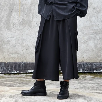 

Kimono Cargo Pant Men Big Pocket Black Wide Leg Skirts Pants Male Streetwear Hip Hop Punk Gothic Loose Casual Harem Trousers