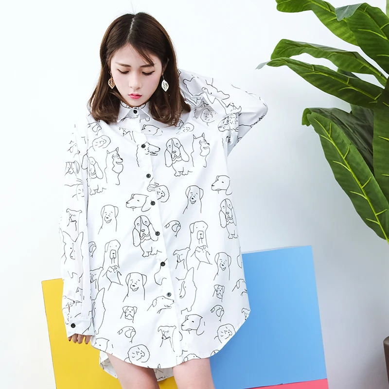 

2018 new Harajuku Dog Print long sleeved blouse shirt, student shirts