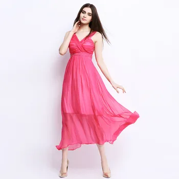 

Womens 100% Silk Dresses For Women Summer 2017 Strapless Beading Bohemian Boho Beach Dress Solid Pink/White