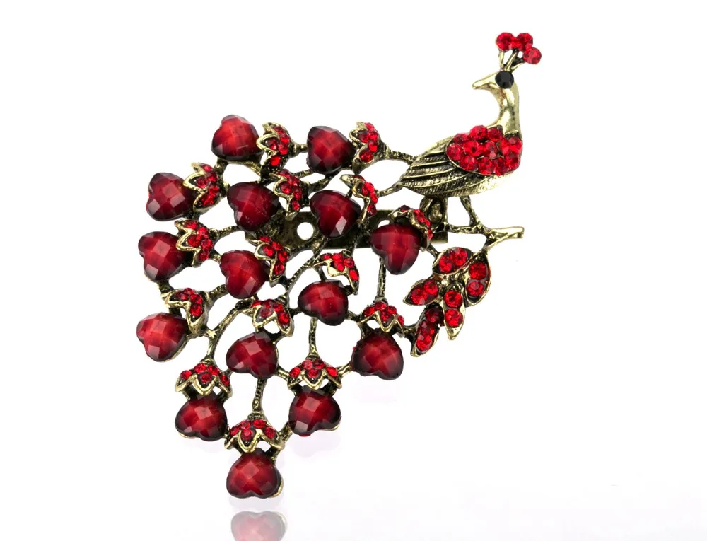 

Vintage Peacock Party Brooch Bronze Plated Antique Color Red Rhinestone and Resin Crystal Prom Gift Pins