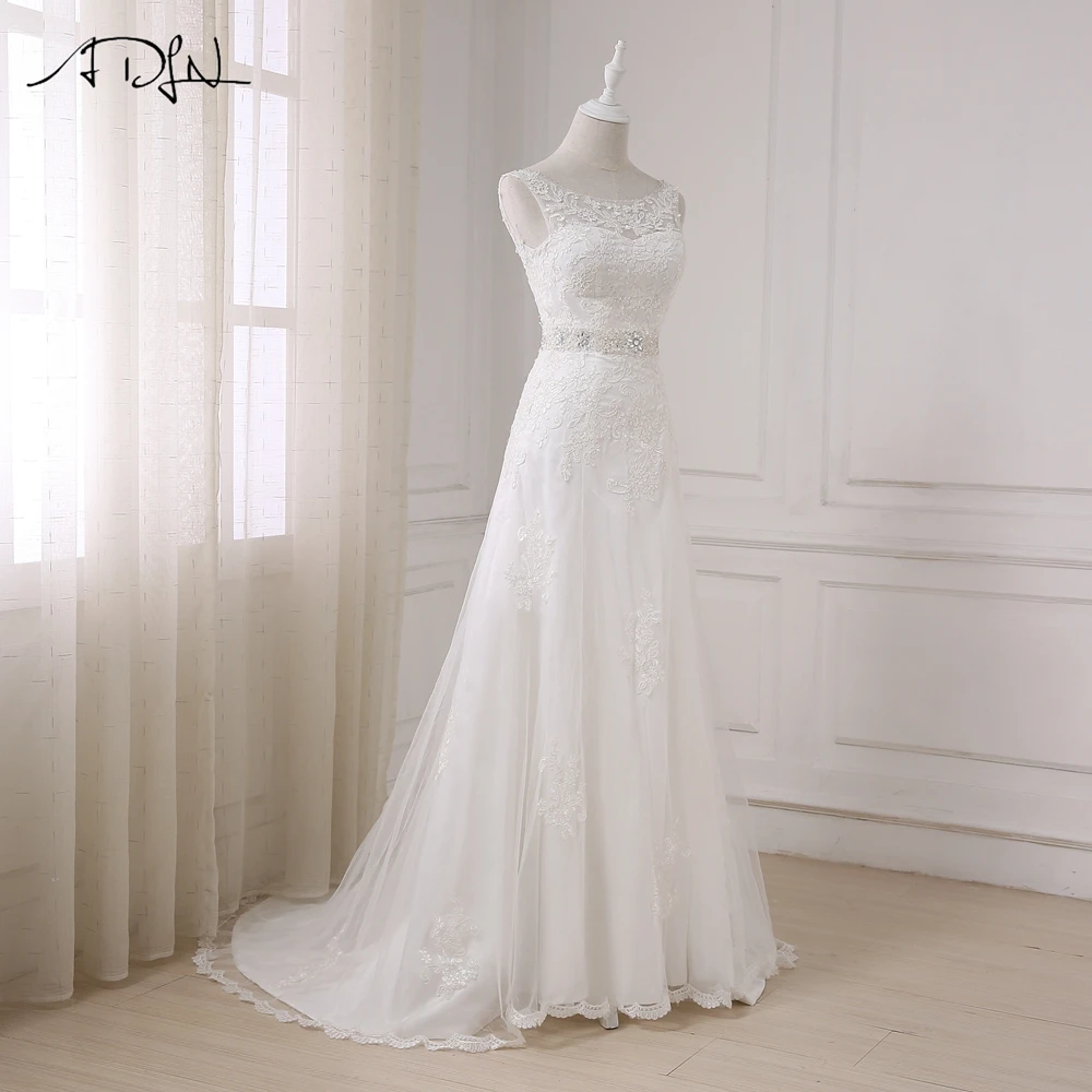 Elegant Long A Line Boat Neck Low Back Beading Appliques Wedding Dress in Wedding dresses